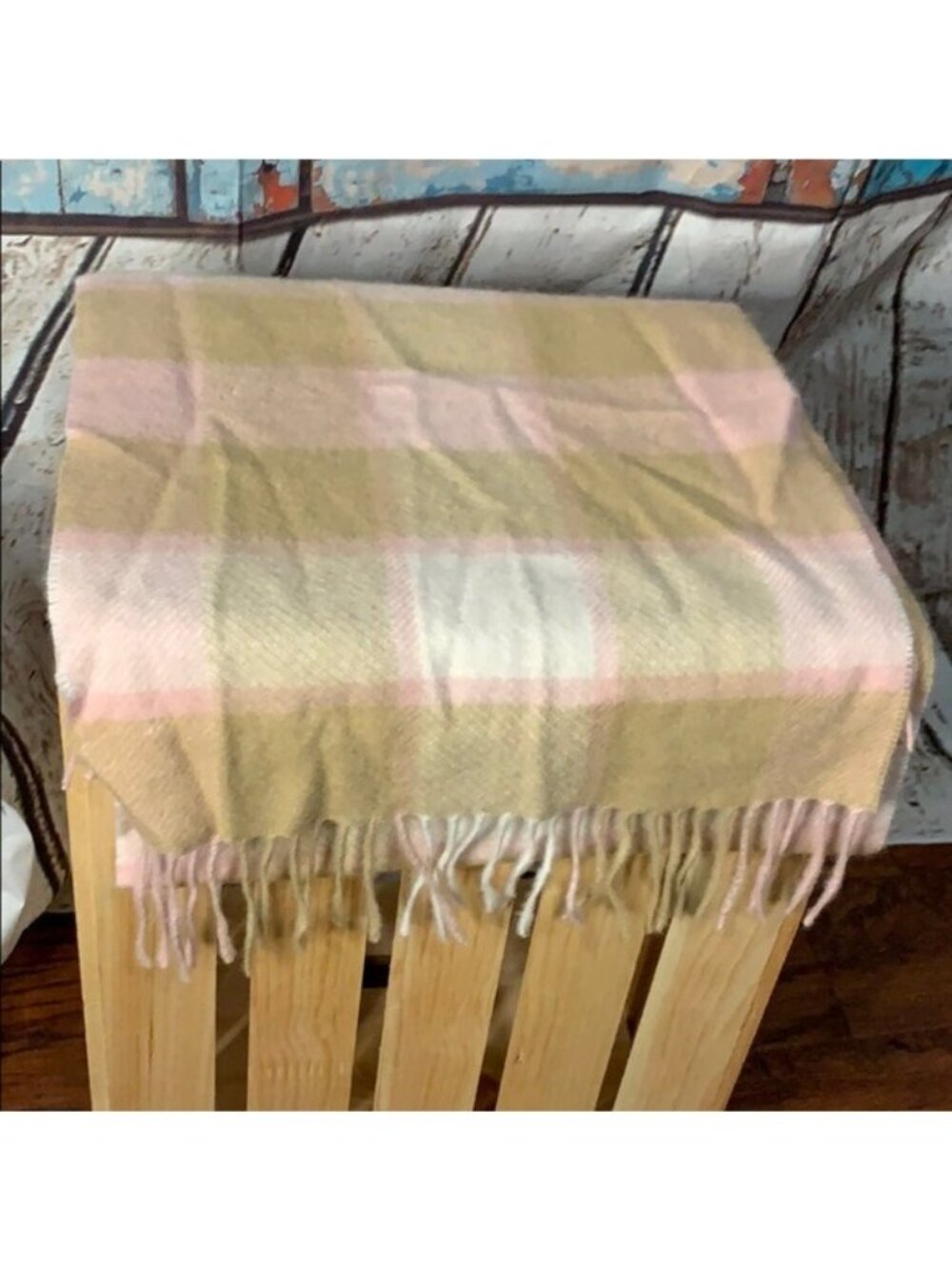 Louisa Perini 100% Cashmere Scarf Pink & Beige Plaid With Fringe Edges 70"x12"